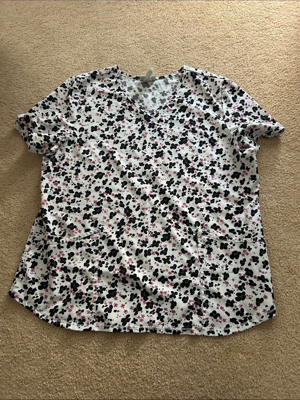 Women's Floral Print scrub Top - White with Black & Pink